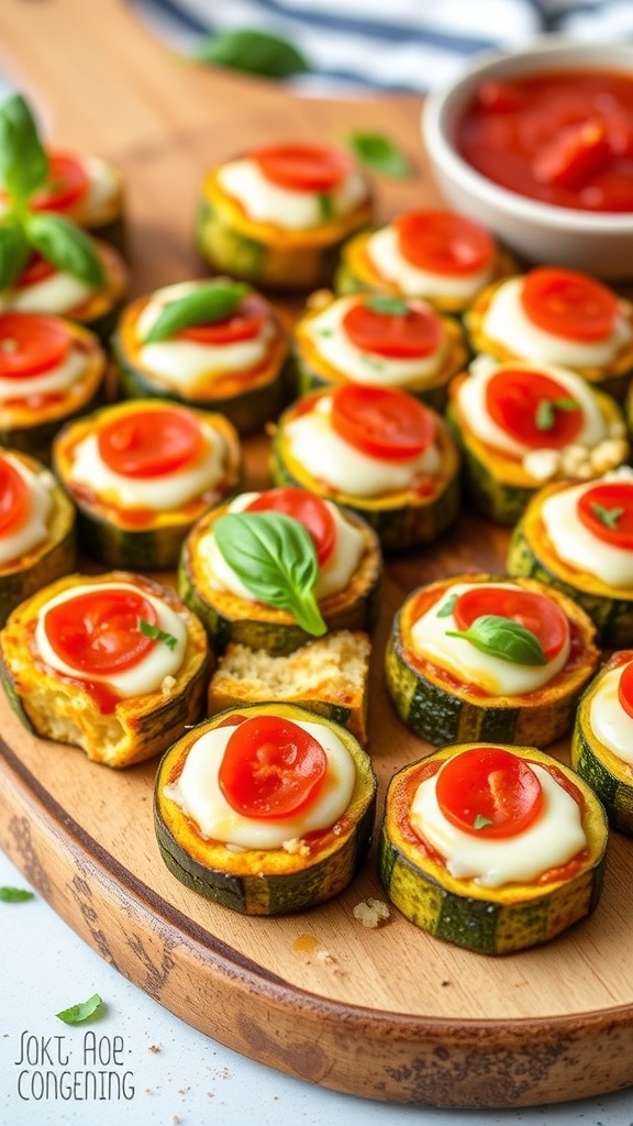 Zucchini pizza bites topped with cheese and pepperoni on a wooden board with marinara sauce.